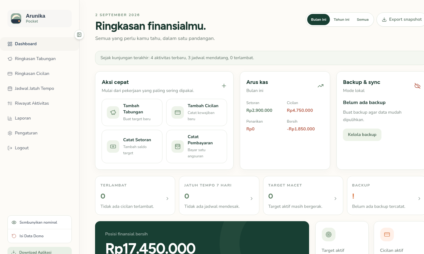 Preview dashboard Arunika Pocket untuk memantau tabungan dan cicilan